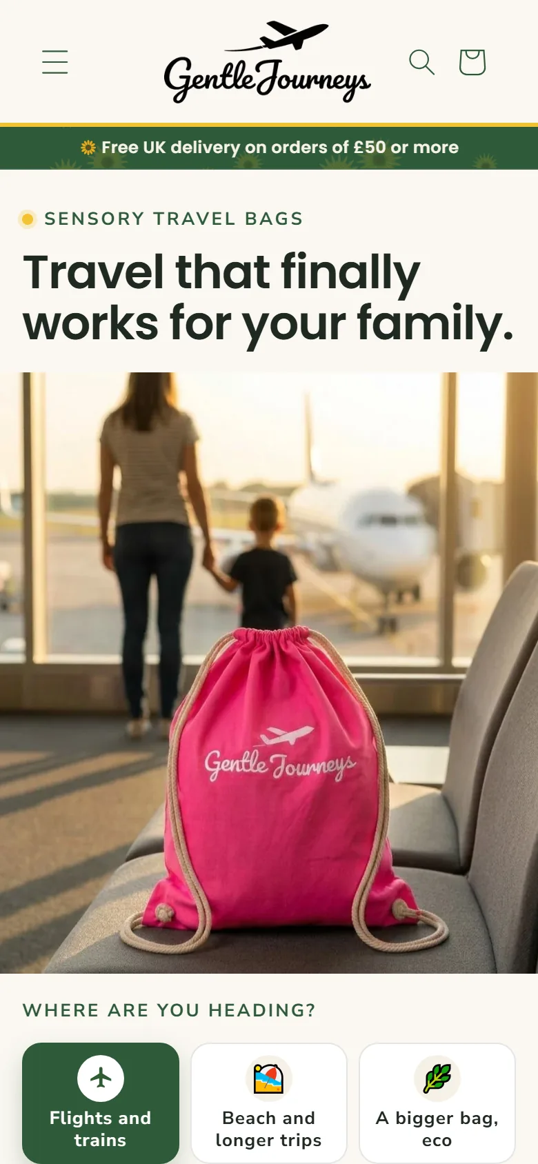 Gentle Journeys, the top of its homepage on a phone