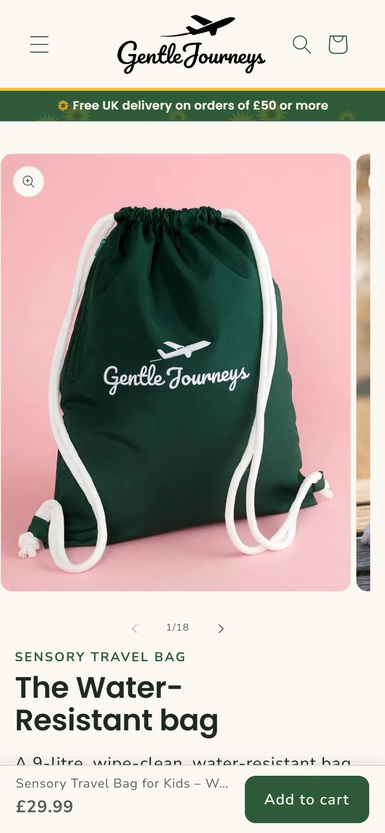 Gentle Journeys, a product page on a phone